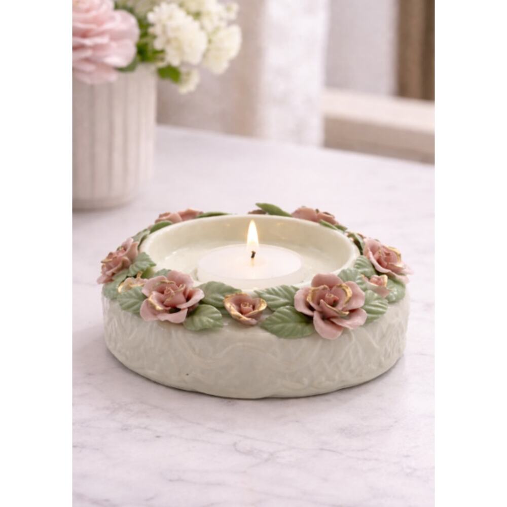 Vintage Porcelain Rose Candle Holder Pink Floral Gold Trim